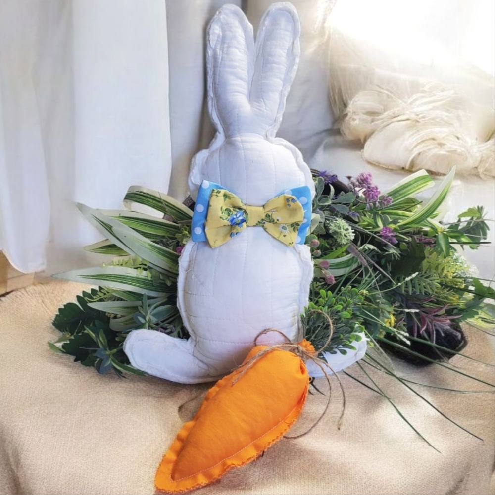 Home Crafted White Bunny with Bow and Carrot Easter Decor